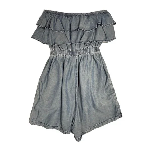 Blue Rain Chambray Romper Size Small Tencel Fabric Sleeveless Ruffles - Picture 4 of 7